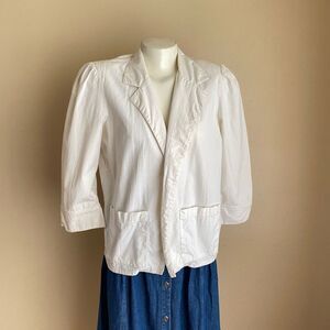 Vintage Baba White Cotton Blazer Large 3/4 Sleeve Lightweight Open w/ Pockets